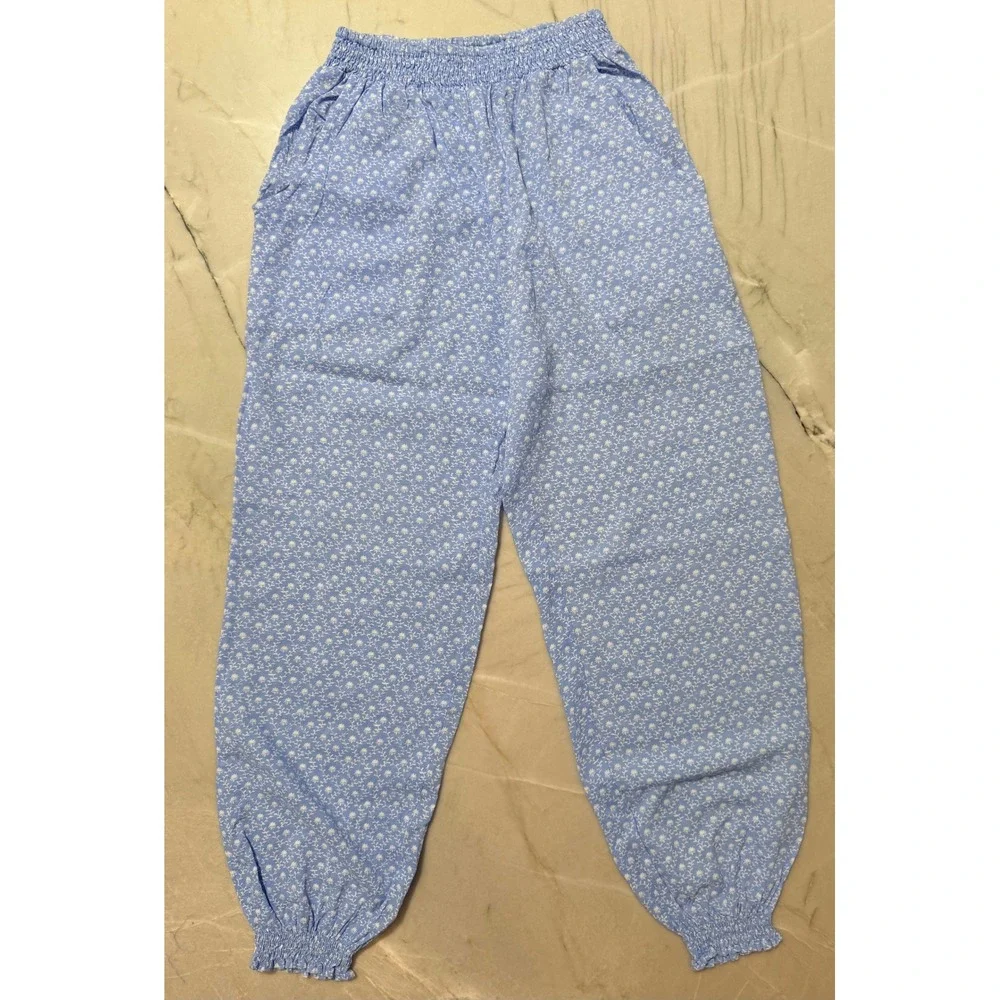 Anthropologie Mable Blue Floral Smocked Crop Top Jogger Pajama Set Womens Size S